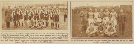 872531 Collage van 2 foto's betreffende de finale van de schoolvoetbalwedstrijden gehouden te Utrecht, met links een ...